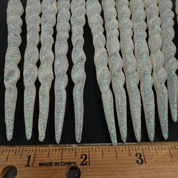 12 Vtg 5inch Hard Plastic Twist Icicle Glitter White Iridescent Ornament Xmas - Picture 8 of 10